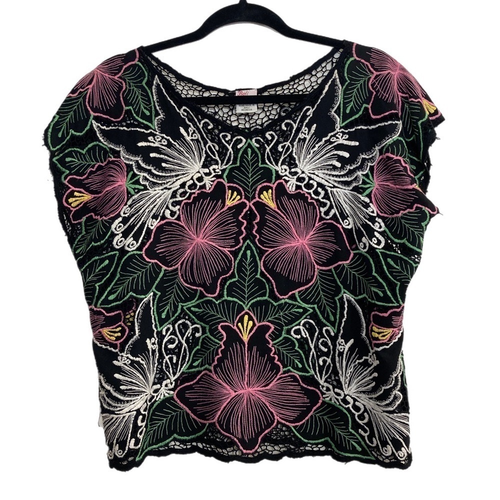 Bali Moon handmade hibiscus floral black and pink embroidered blouse